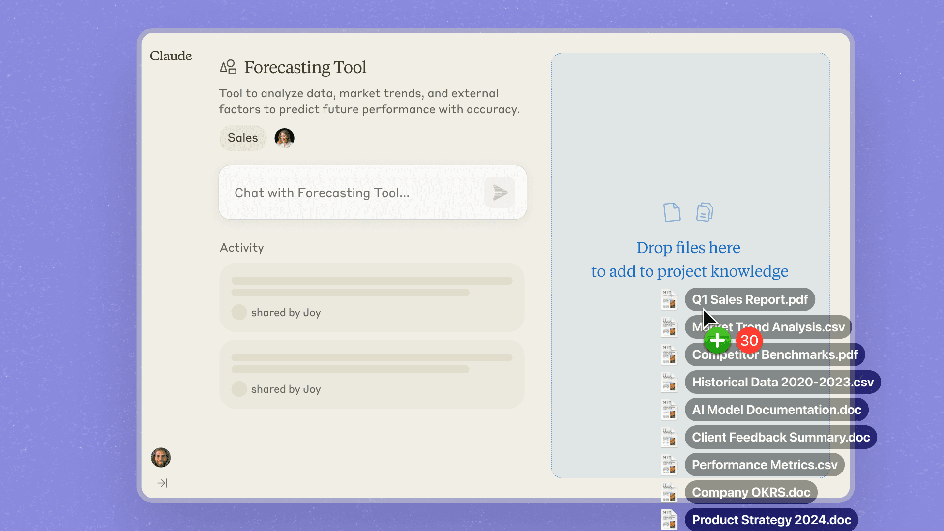Claude UI shown with the user uploading in several documents, csvs, and PDFs