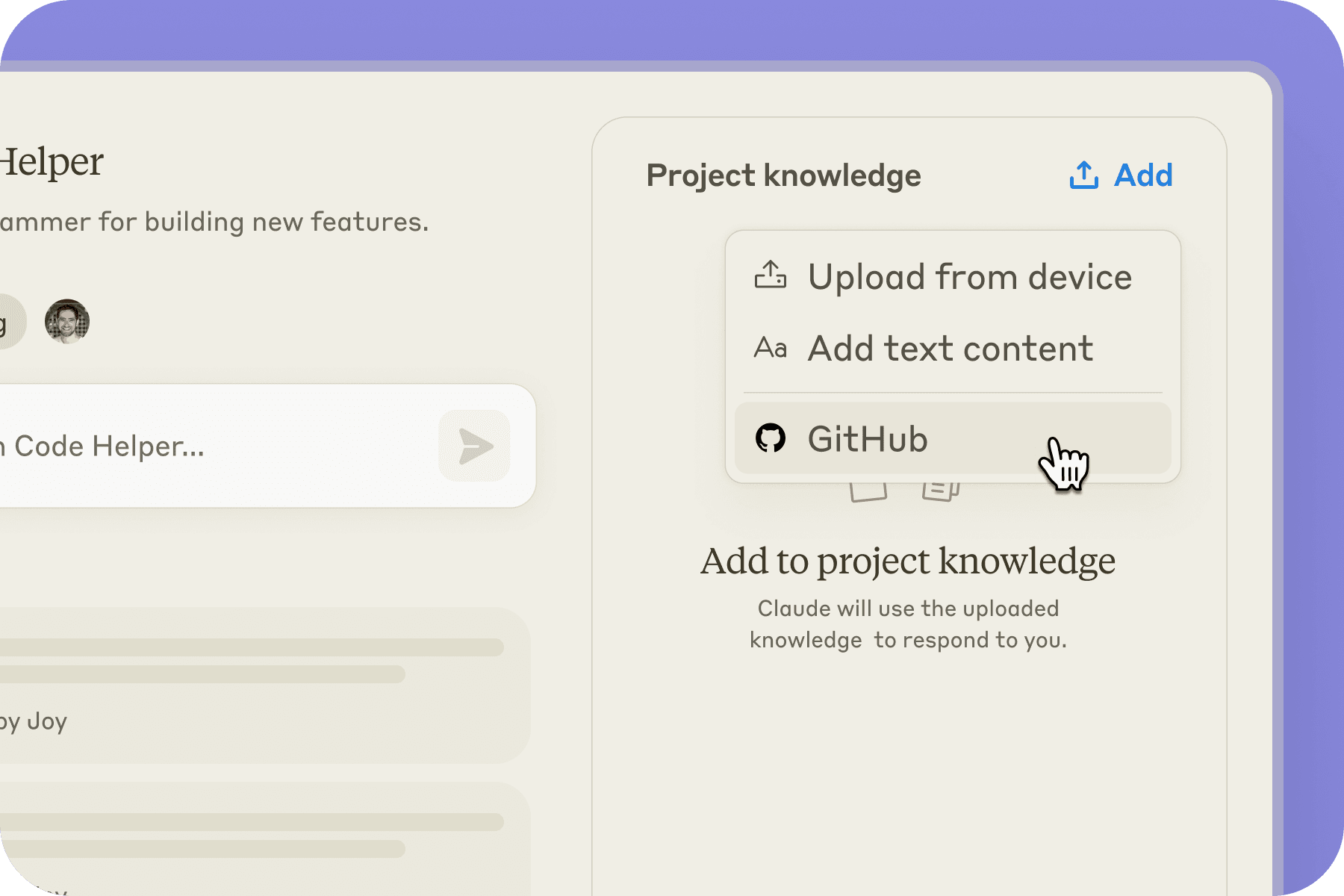 Claude UI where the user is selecting the GitHub connector to add knowledge to a project