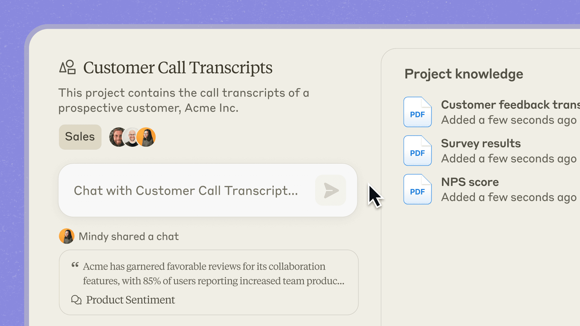 App screen showing shared chats within a Project