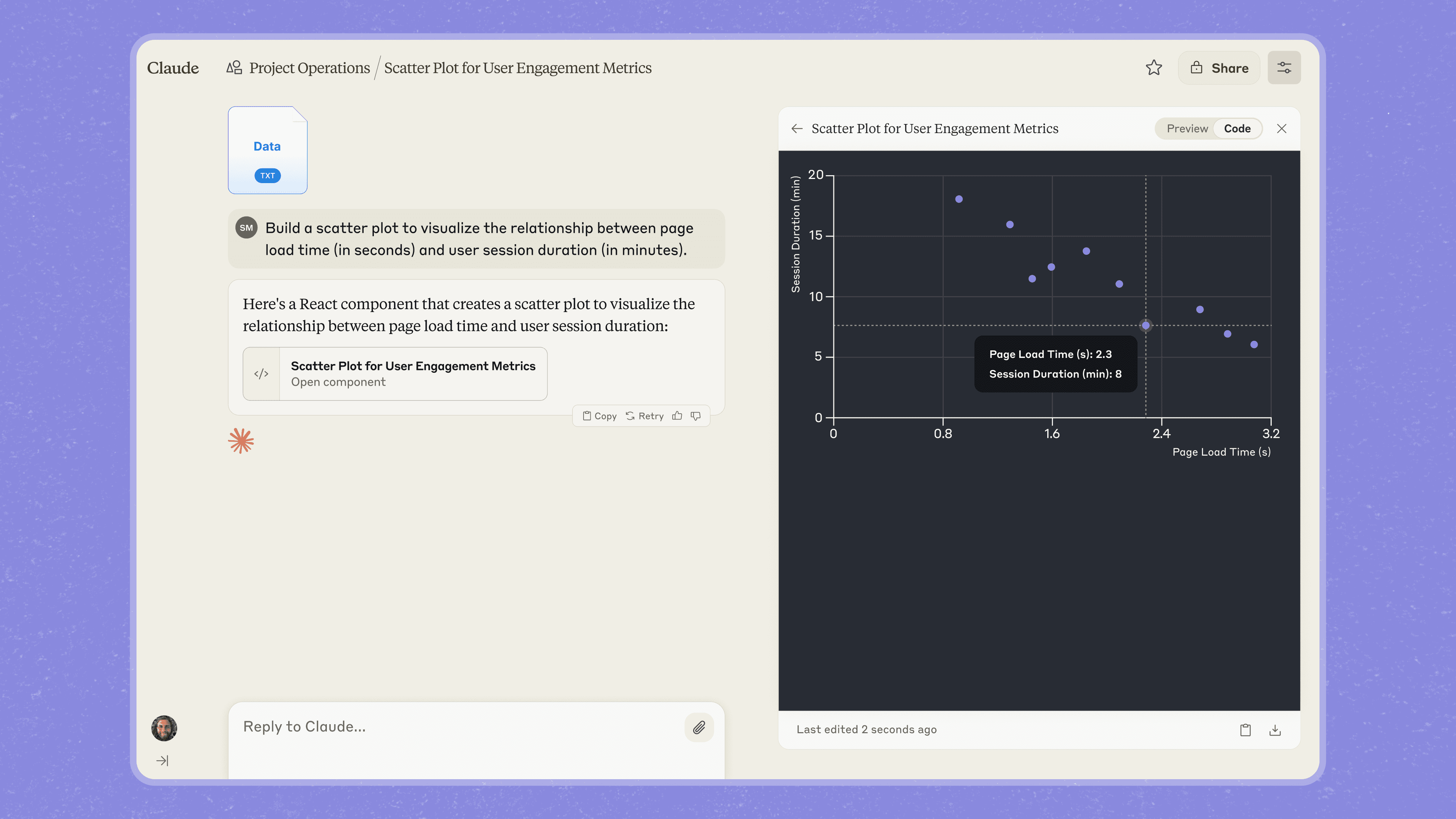 Claude UI featuring a scatter plot artifact