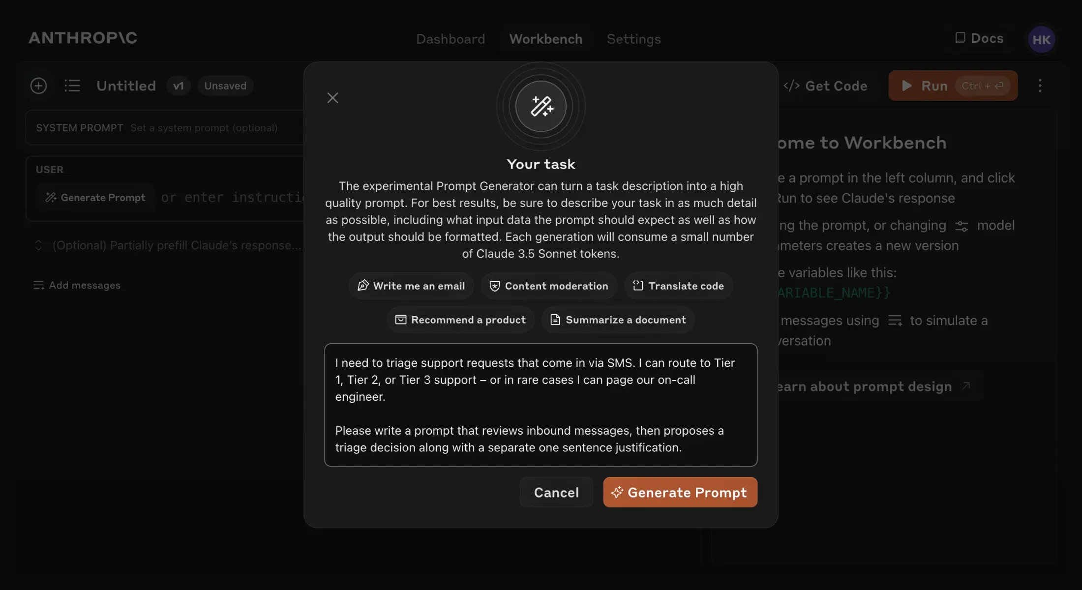 App screen of Anthropic Console prompt generator