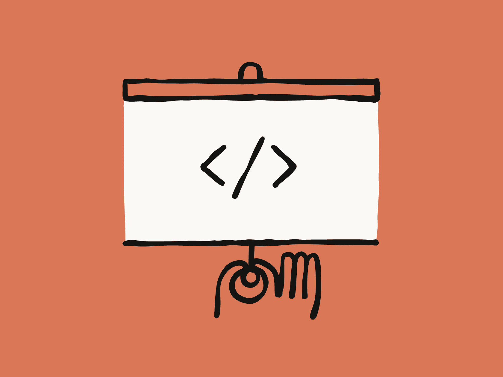 An abstract hand pulling down a screen with coding brackets on it