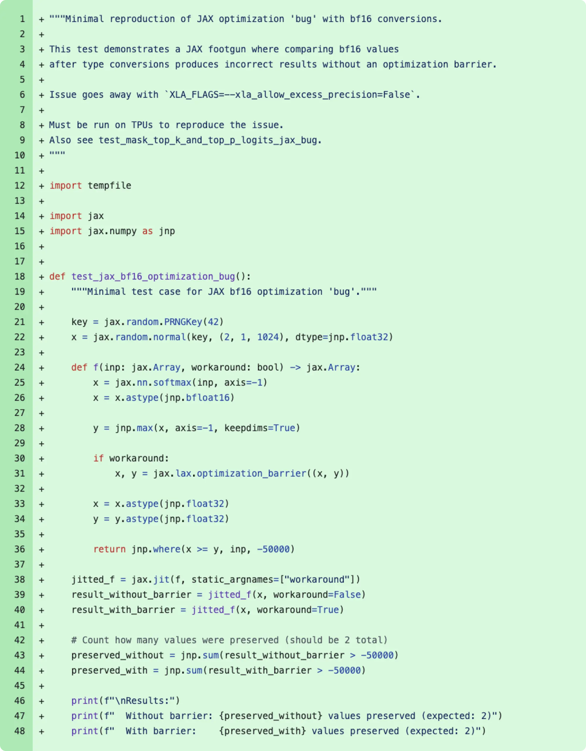 Code snippet showing minimized reproducer merged as part of the August 11 change that root-caused the “bug” being worked around in December 2024; in reality, it’s expected behavior of the xla_allow_excess_precision flag.