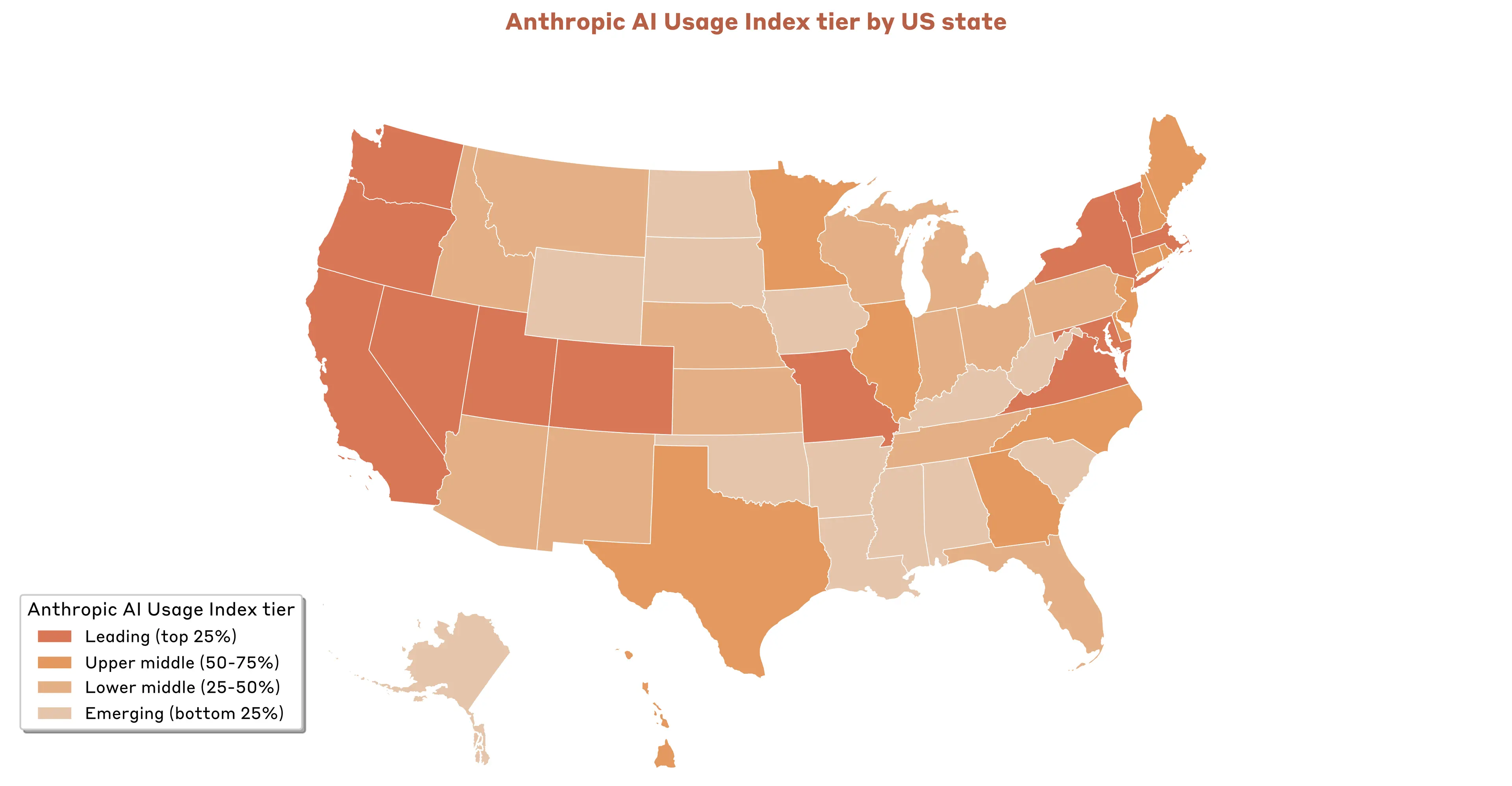 Graph showing US states’ Claude adoption relative to their working age populations, with Utah and DC in the lead.