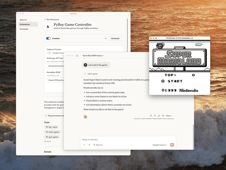 A desktop showing the PyBoy MCP with Super Mario Land start screen