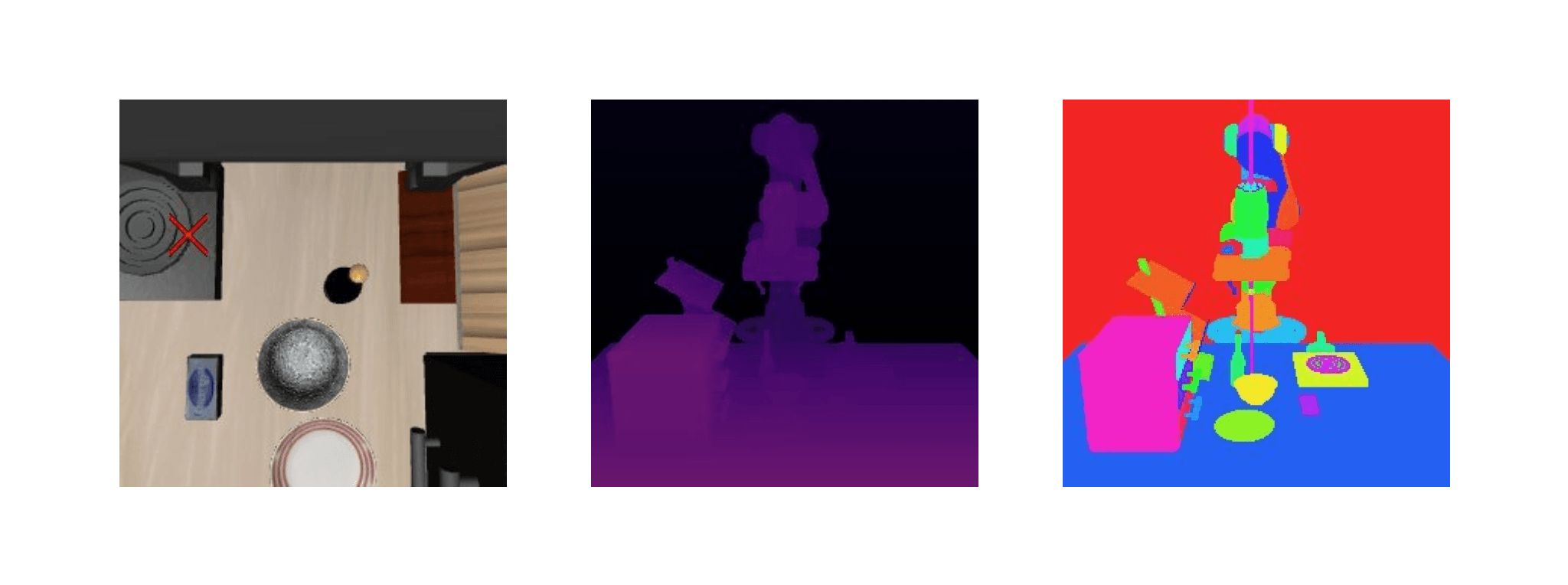 Three colorful renderings of overlays given to the manipulation model.